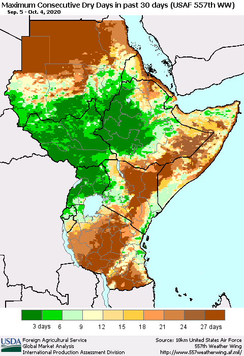 Eastern Africa Maximum Consecutive Dry Days in past 30 days (USAF 557th WW) 10/04/2020 Thematic Map For 9/28/2020 - 10/4/2020