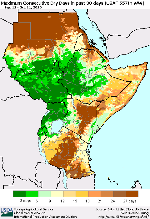 Eastern Africa Maximum Consecutive Dry Days in past 30 days (USAF 557th WW) 10/11/2020 Thematic Map For 10/5/2020 - 10/11/2020