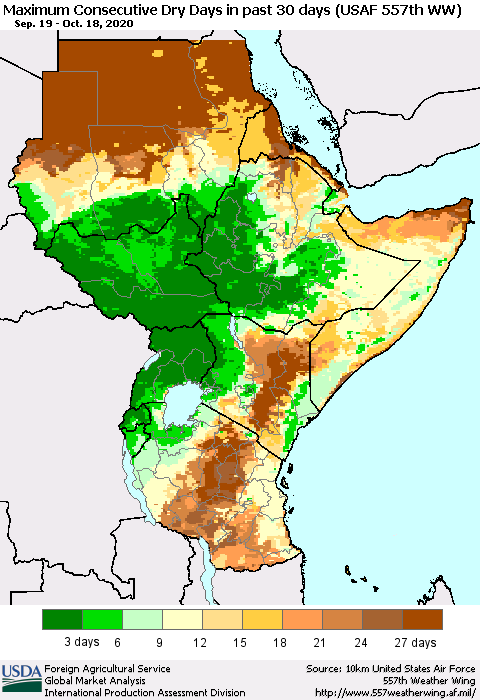 Eastern Africa Maximum Consecutive Dry Days in past 30 days (USAF 557th WW) 10/18/2020 Thematic Map For 10/12/2020 - 10/18/2020