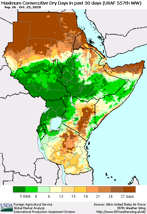 Eastern Africa Maximum Consecutive Dry Days in past 30 days (USAF 557th WW) 10/25/2020 Thematic Map For 10/19/2020 - 10/25/2020