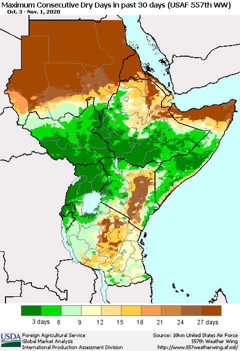 Eastern Africa Maximum Consecutive Dry Days in past 30 days (USAF 557th WW) 11/01/2020 Thematic Map For 10/26/2020 - 11/1/2020