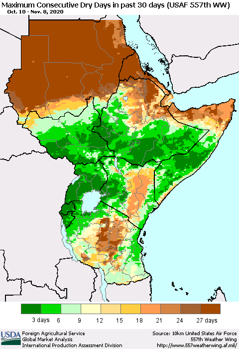 Eastern Africa Maximum Consecutive Dry Days in past 30 days (USAF 557th WW) 11/08/2020 Thematic Map For 11/2/2020 - 11/8/2020