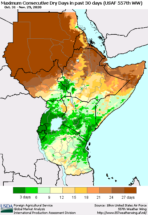 Eastern Africa Maximum Consecutive Dry Days in past 30 days (USAF 557th WW) 11/29/2020 Thematic Map For 11/23/2020 - 11/29/2020