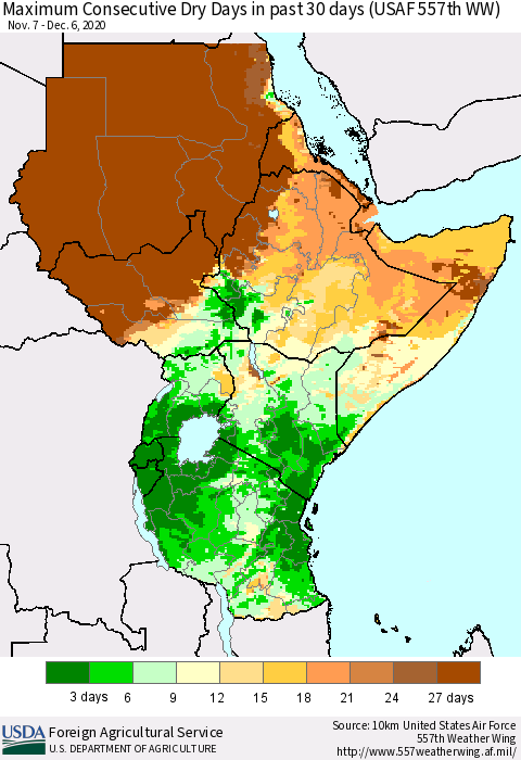 Eastern Africa Maximum Consecutive Dry Days in past 30 days (USAF 557th WW) 12/06/2020 Thematic Map For 11/30/2020 - 12/6/2020