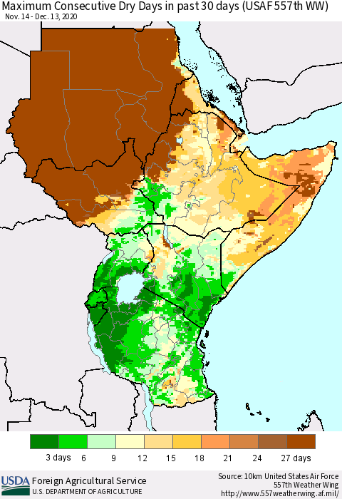 Eastern Africa Maximum Consecutive Dry Days in past 30 days (USAF 557th WW) 12/13/2020 Thematic Map For 12/7/2020 - 12/13/2020