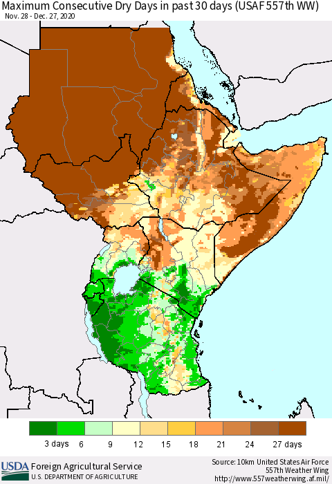 Eastern Africa Maximum Consecutive Dry Days in past 30 days (USAF 557th WW) 12/27/2020 Thematic Map For 12/21/2020 - 12/27/2020