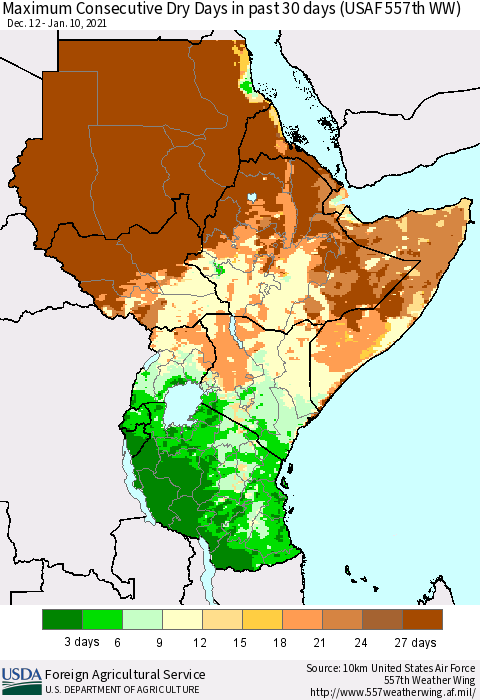 Eastern Africa Maximum Consecutive Dry Days in past 30 days (USAF 557th WW) 01/10/2021 Thematic Map For 1/4/2021 - 1/10/2021
