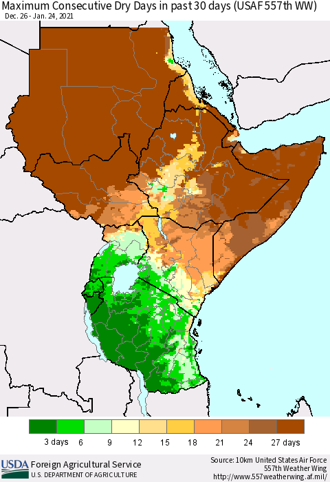 Eastern Africa Maximum Consecutive Dry Days in past 30 days (USAF 557th WW) 01/24/2021 Thematic Map For 1/18/2021 - 1/24/2021