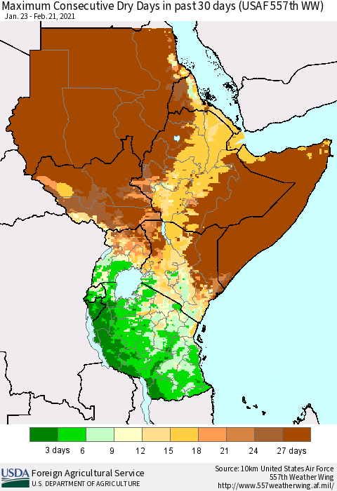 Eastern Africa Maximum Consecutive Dry Days in past 30 days (USAF 557th WW) 02/21/2021 Thematic Map For 2/15/2021 - 2/21/2021