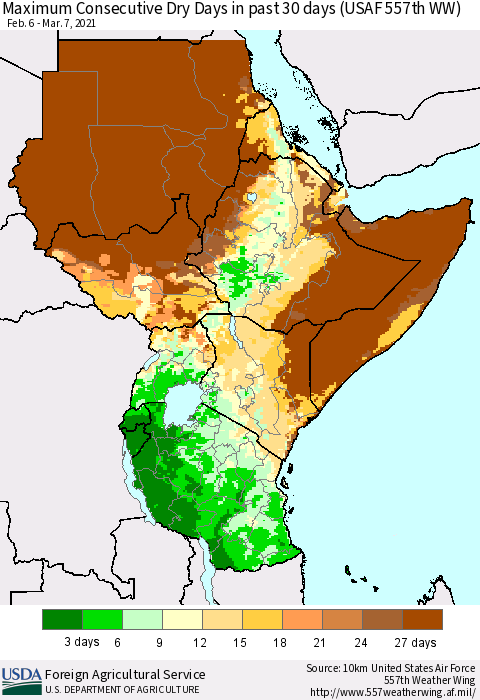 Eastern Africa Maximum Consecutive Dry Days in past 30 days (USAF 557th WW) 03/07/2021 Thematic Map For 3/1/2021 - 3/7/2021