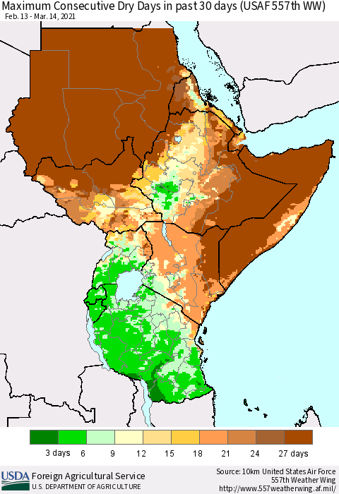 Eastern Africa Maximum Consecutive Dry Days in past 30 days (USAF 557th WW) 03/14/2021 Thematic Map For 3/8/2021 - 3/14/2021