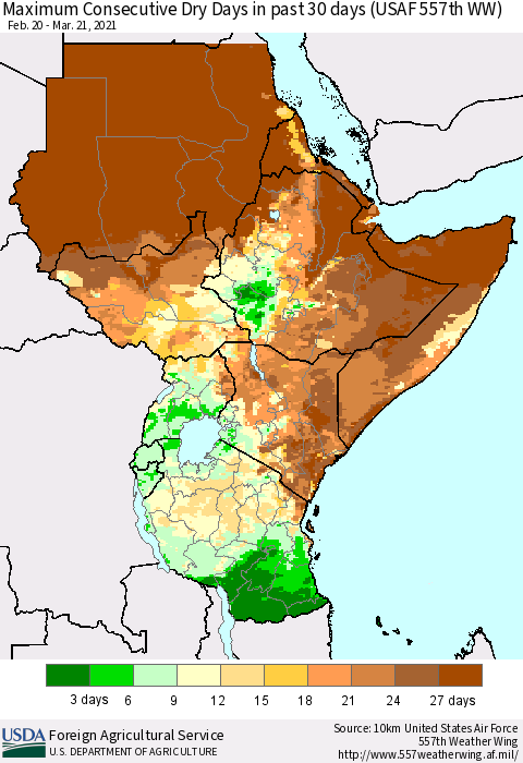 Eastern Africa Maximum Consecutive Dry Days in past 30 days (USAF 557th WW) 03/21/2021 Thematic Map For 3/15/2021 - 3/21/2021