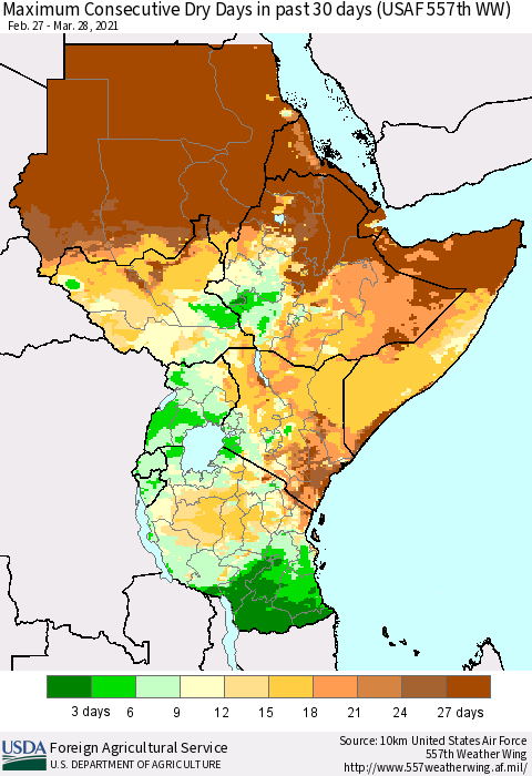 Eastern Africa Maximum Consecutive Dry Days in past 30 days (USAF 557th WW) 03/28/2021 Thematic Map For 3/22/2021 - 3/28/2021