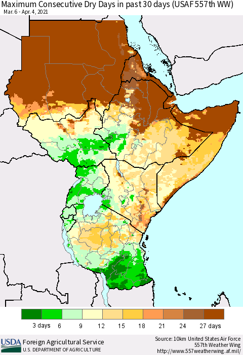 Eastern Africa Maximum Consecutive Dry Days in past 30 days (USAF 557th WW) 04/04/2021 Thematic Map For 3/29/2021 - 4/4/2021