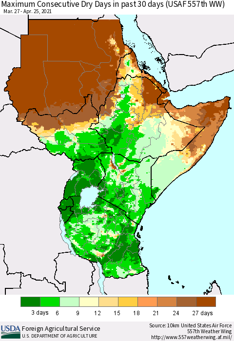 Eastern Africa Maximum Consecutive Dry Days in past 30 days (USAF 557th WW) 04/25/2021 Thematic Map For 4/19/2021 - 4/25/2021