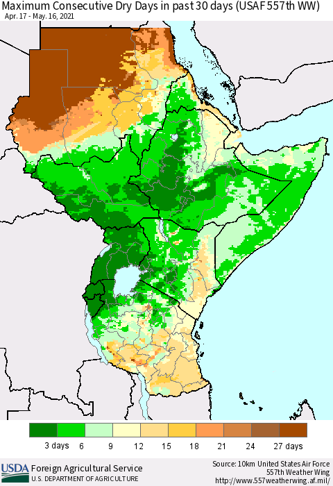 Eastern Africa Maximum Consecutive Dry Days in past 30 days (USAF 557th WW) 05/16/2021 Thematic Map For 5/10/2021 - 5/16/2021