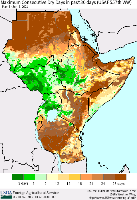 Eastern Africa Maximum Consecutive Dry Days in past 30 days (USAF 557th WW) 06/06/2021 Thematic Map For 5/31/2021 - 6/6/2021