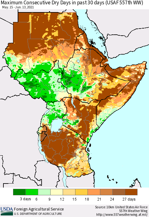 Eastern Africa Maximum Consecutive Dry Days in past 30 days (USAF 557th WW) 06/13/2021 Thematic Map For 6/7/2021 - 6/13/2021