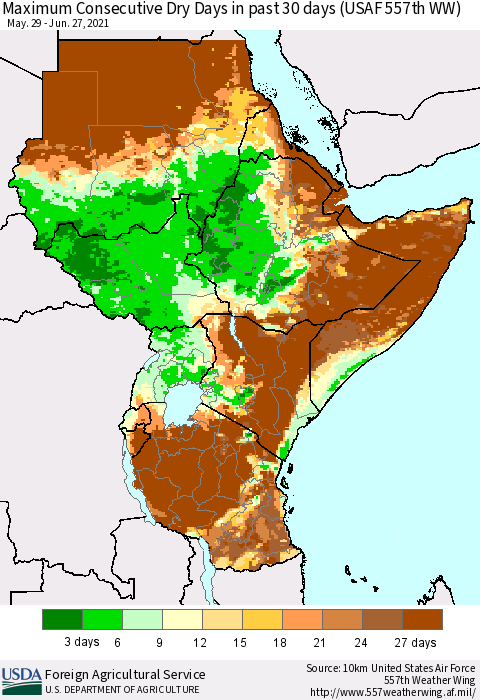 Eastern Africa Maximum Consecutive Dry Days in past 30 days (USAF 557th WW) 06/27/2021 Thematic Map For 6/21/2021 - 6/27/2021
