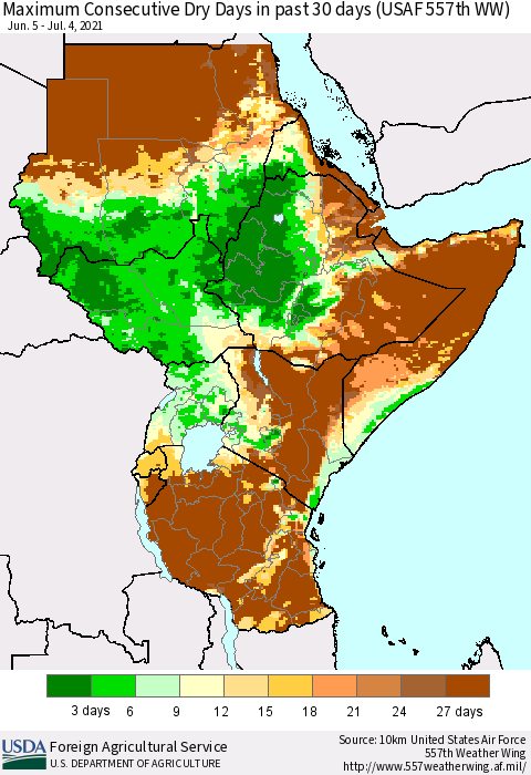 Eastern Africa Maximum Consecutive Dry Days in past 30 days (USAF 557th WW) 07/04/2021 Thematic Map For 6/28/2021 - 7/4/2021