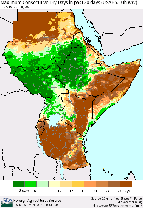 Eastern Africa Maximum Consecutive Dry Days in past 30 days (USAF 557th WW) 07/18/2021 Thematic Map For 7/12/2021 - 7/18/2021