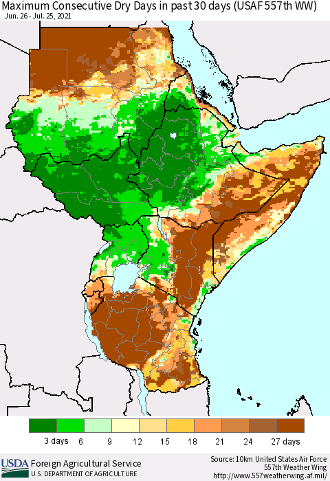Eastern Africa Maximum Consecutive Dry Days in past 30 days (USAF 557th WW) 07/25/2021 Thematic Map For 7/19/2021 - 7/25/2021