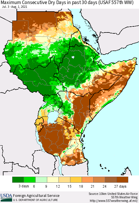 Eastern Africa Maximum Consecutive Dry Days in past 30 days (USAF 557th WW) 08/01/2021 Thematic Map For 7/26/2021 - 8/1/2021