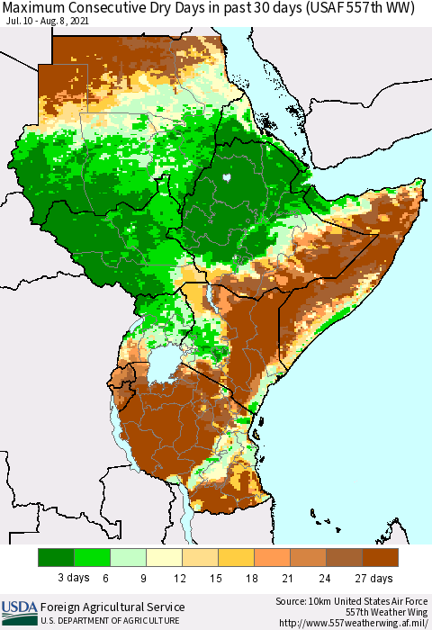 Eastern Africa Maximum Consecutive Dry Days in past 30 days (USAF 557th WW) 08/08/2021 Thematic Map For 8/2/2021 - 8/8/2021
