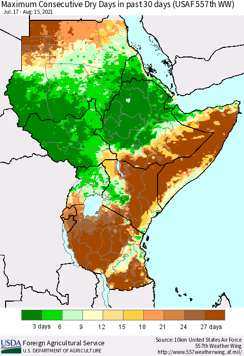 Eastern Africa Maximum Consecutive Dry Days in past 30 days (USAF 557th WW) 08/15/2021 Thematic Map For 8/9/2021 - 8/15/2021