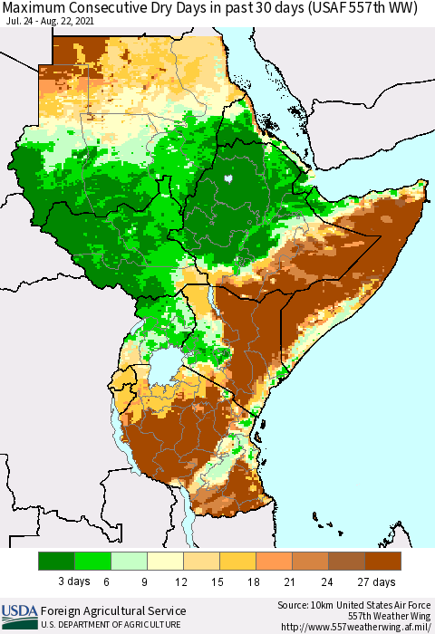 Eastern Africa Maximum Consecutive Dry Days in past 30 days (USAF 557th WW) 08/22/2021 Thematic Map For 8/16/2021 - 8/22/2021