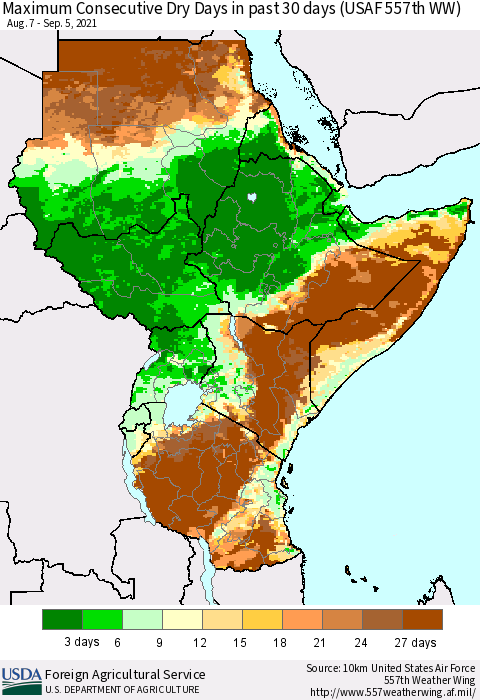Eastern Africa Maximum Consecutive Dry Days in past 30 days (USAF 557th WW) 09/05/2021 Thematic Map For 8/30/2021 - 9/5/2021