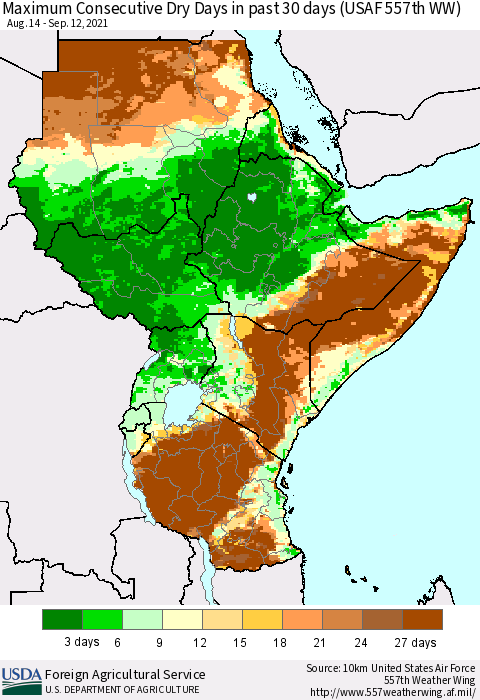 Eastern Africa Maximum Consecutive Dry Days in past 30 days (USAF 557th WW) 09/12/2021 Thematic Map For 9/6/2021 - 9/12/2021
