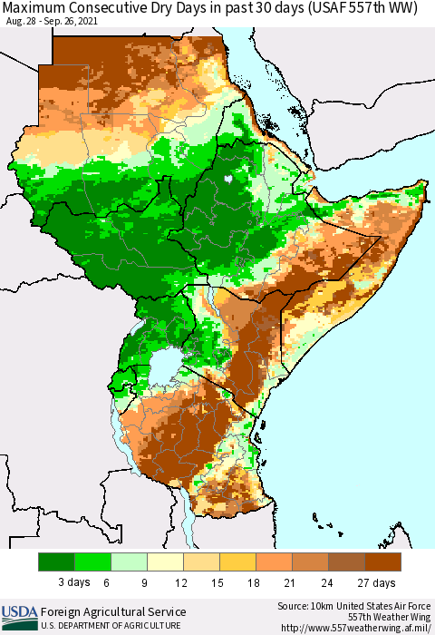 Eastern Africa Maximum Consecutive Dry Days in past 30 days (USAF 557th WW) 09/26/2021 Thematic Map For 9/20/2021 - 9/26/2021
