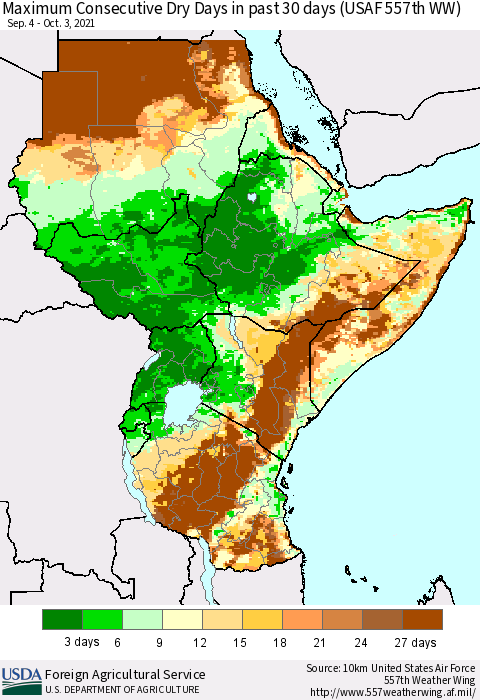 Eastern Africa Maximum Consecutive Dry Days in past 30 days (USAF 557th WW) 10/03/2021 Thematic Map For 9/27/2021 - 10/3/2021