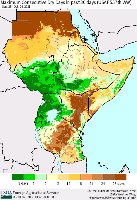 Eastern Africa Maximum Consecutive Dry Days in past 30 days (USAF 557th WW) 10/24/2021 Thematic Map For 10/18/2021 - 10/24/2021