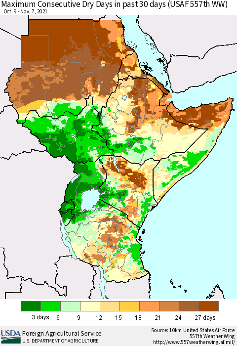 Eastern Africa Maximum Consecutive Dry Days in past 30 days (USAF 557th WW) 11/07/2021 Thematic Map For 11/1/2021 - 11/7/2021