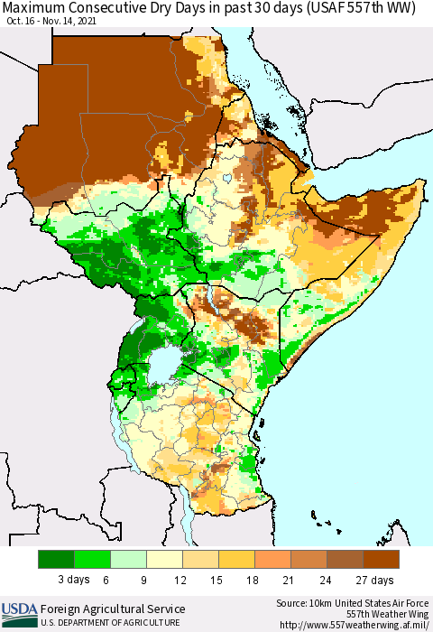 Eastern Africa Maximum Consecutive Dry Days in past 30 days (USAF 557th WW) 11/14/2021 Thematic Map For 11/8/2021 - 11/14/2021