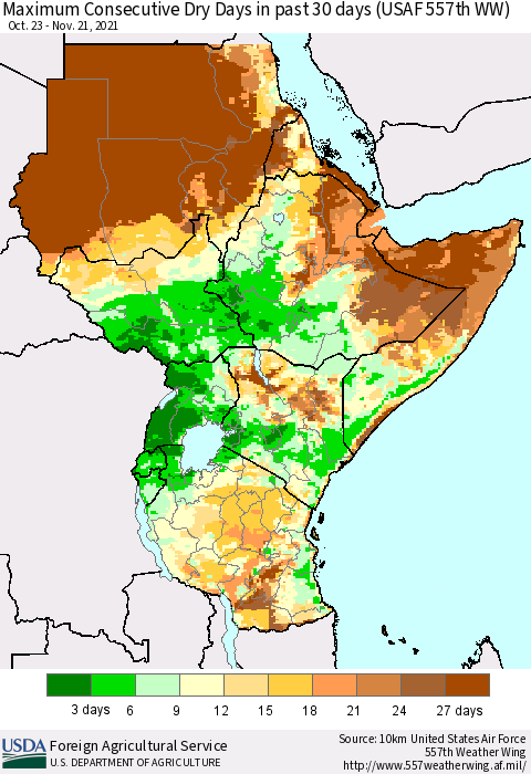 Eastern Africa Maximum Consecutive Dry Days in past 30 days (USAF 557th WW) 11/21/2021 Thematic Map For 11/15/2021 - 11/21/2021