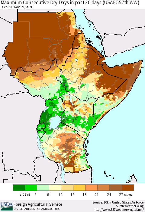 Eastern Africa Maximum Consecutive Dry Days in past 30 days (USAF 557th WW) 11/28/2021 Thematic Map For 11/22/2021 - 11/28/2021