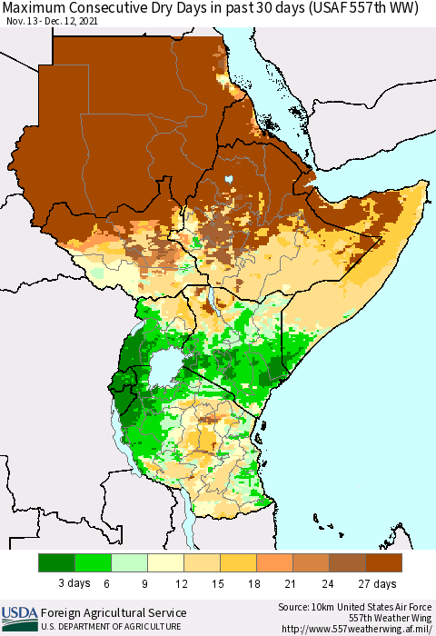 Eastern Africa Maximum Consecutive Dry Days in past 30 days (USAF 557th WW) 12/12/2021 Thematic Map For 12/6/2021 - 12/12/2021