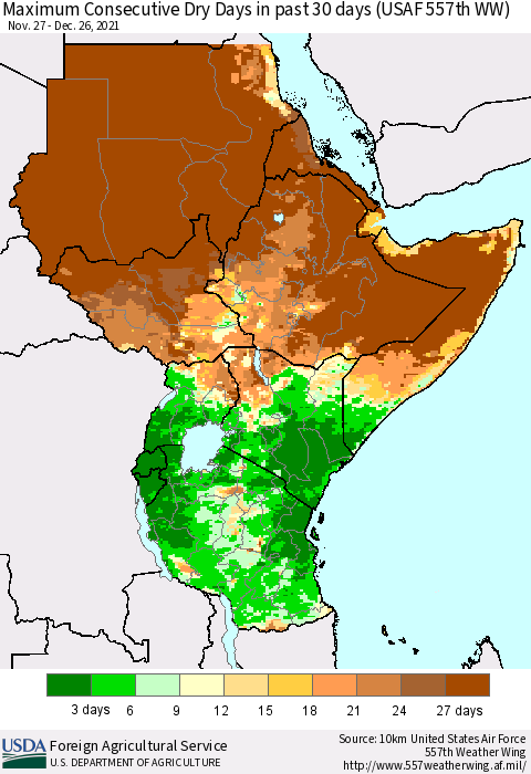 Eastern Africa Maximum Consecutive Dry Days in past 30 days (USAF 557th WW) 12/26/2021 Thematic Map For 12/20/2021 - 12/26/2021