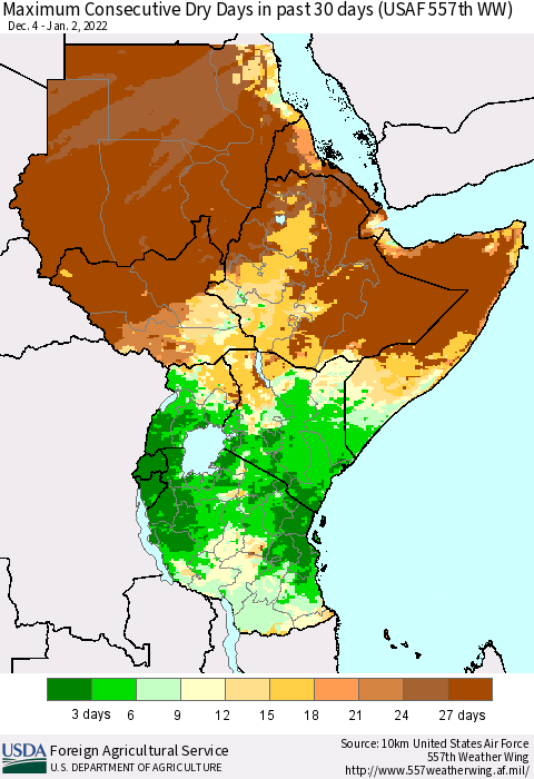 Eastern Africa Maximum Consecutive Dry Days in past 30 days (USAF 557th WW) 01/02/2022 Thematic Map For 12/27/2021 - 1/2/2022