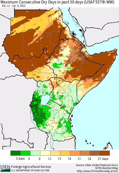 Eastern Africa Maximum Consecutive Dry Days in past 30 days (USAF 557th WW) 01/09/2022 Thematic Map For 1/3/2022 - 1/9/2022
