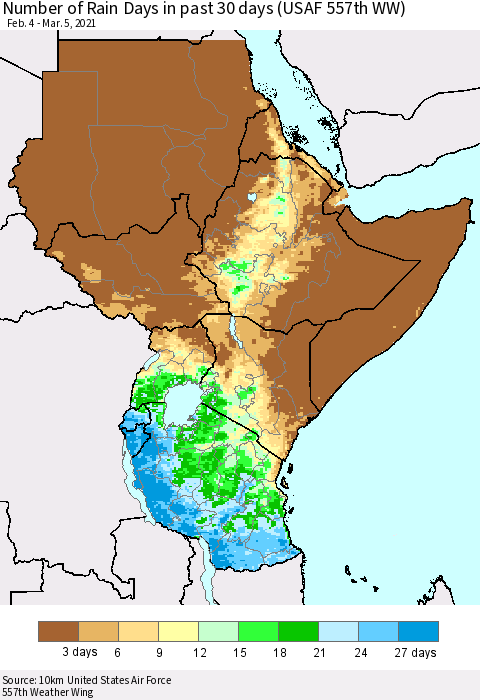 Eastern Africa Number of Rain Days in past 30 days (USAF 557th WW) 03/05/2021 Thematic Map For 3/1/2021 - 3/5/2021