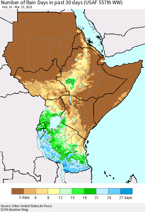 Eastern Africa Number of Rain Days in past 30 days (USAF 557th WW) 03/15/2021 Thematic Map For 3/11/2021 - 3/15/2021