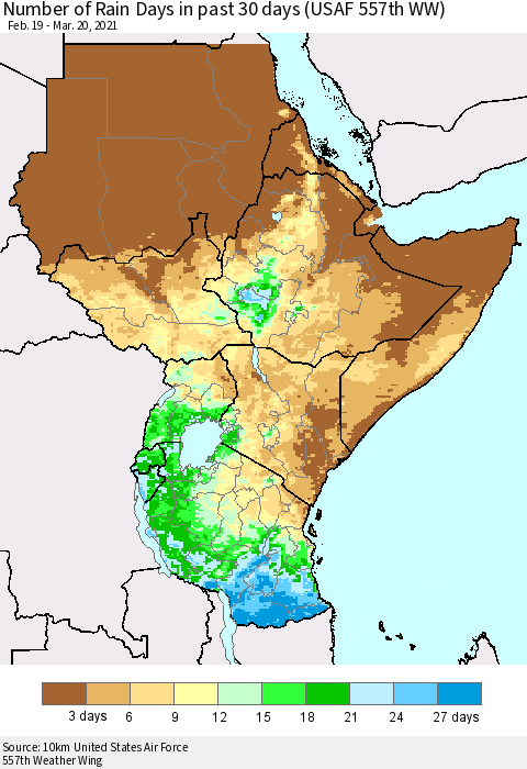 Eastern Africa Number of Rain Days in past 30 days (USAF 557th WW) 03/20/2021 Thematic Map For 3/16/2021 - 3/20/2021