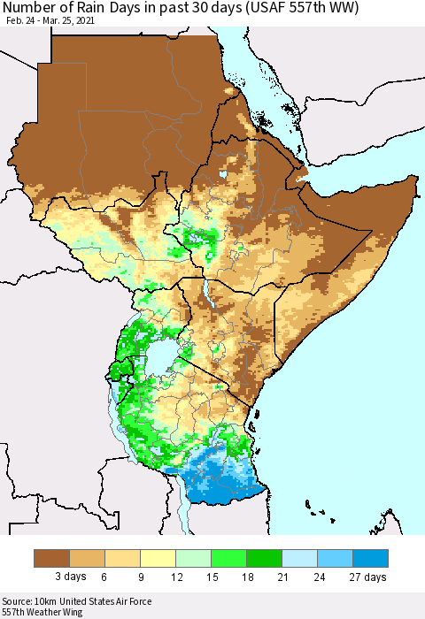 Eastern Africa Number of Rain Days in past 30 days (USAF 557th WW) 03/25/2021 Thematic Map For 3/21/2021 - 3/25/2021