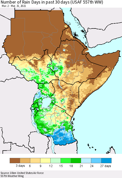 Eastern Africa Number of Rain Days in past 30 days (USAF 557th WW) 03/31/2021 Thematic Map For 3/26/2021 - 3/31/2021