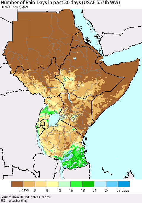 Eastern Africa Number of Rain Days in past 30 days (USAF 557th WW) 04/05/2021 Thematic Map For 4/1/2021 - 4/5/2021