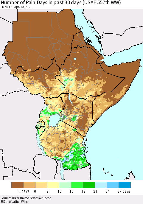 Eastern Africa Number of Rain Days in past 30 days (USAF 557th WW) 04/10/2021 Thematic Map For 4/6/2021 - 4/10/2021